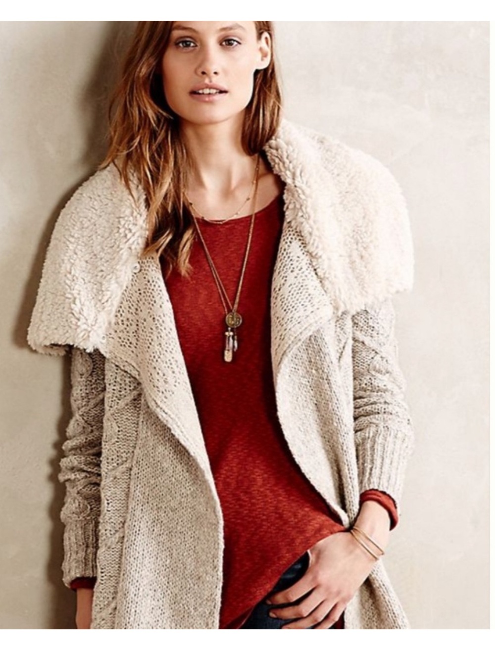 Anthro‎ Sleeping on Snow fur collar cable knit long cardigan cream tan small
